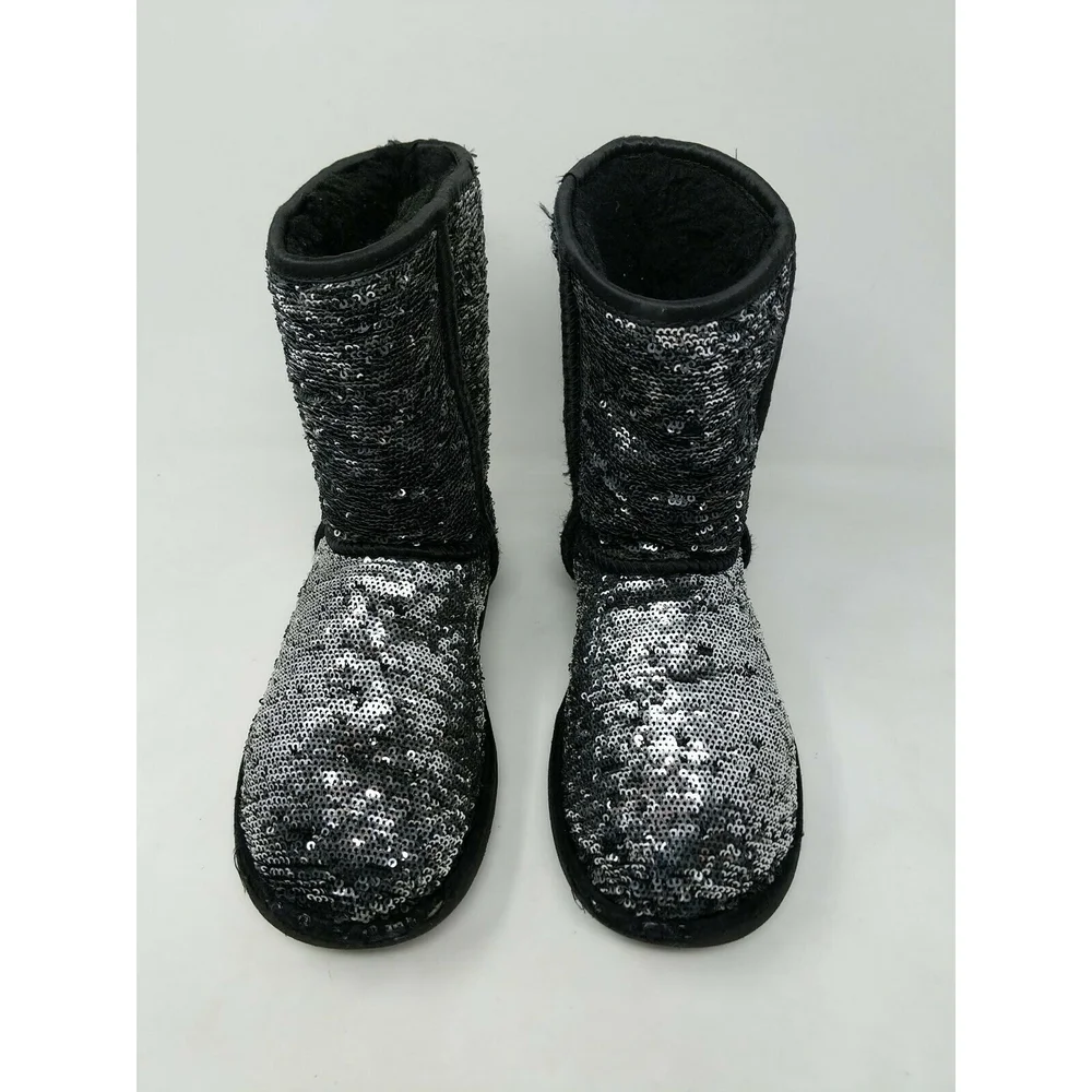 UGG Australia Womens Size 6‎ Silver Sequin Sparkle Boots Faux Sherpa Fur 1002765